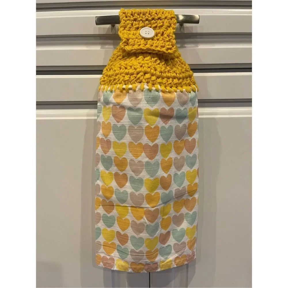 Crochet Top Kitchen Towel- Hearts-yellow topper